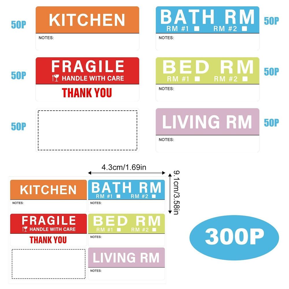 1762 300 pcs Home Moving Labels,5 Pre-Printed Color-Coded Coding Labels - Picture 2 of 8